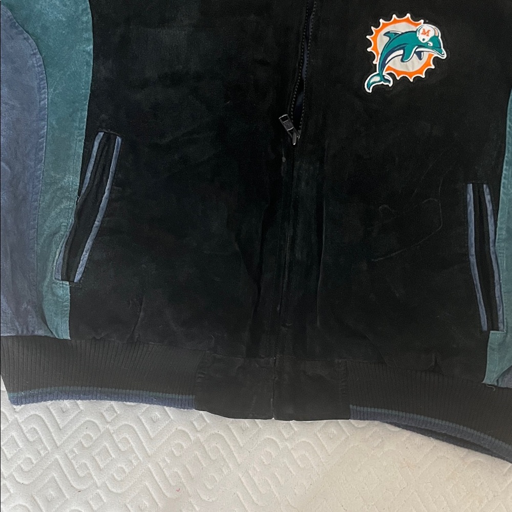 NFL Dolphins Black and Teal Leather Bomber Jacket - Picture 2 of 6